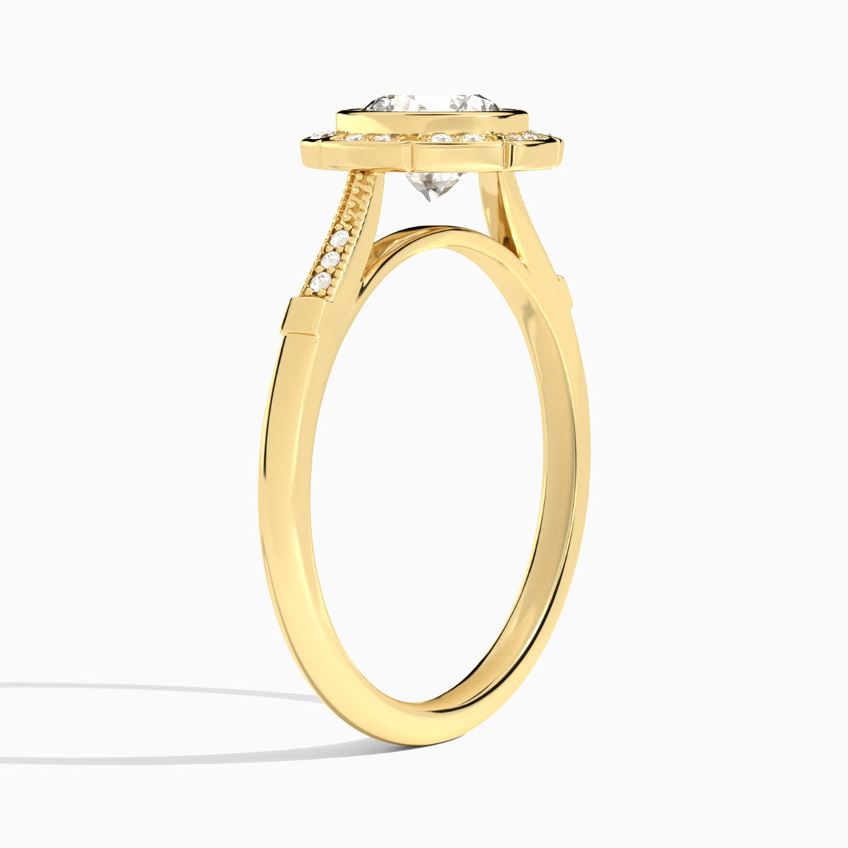 Round Mirabelle Antique Halo Lab Diamond Engagement Ring In 18K Yellow Gold, Angle View