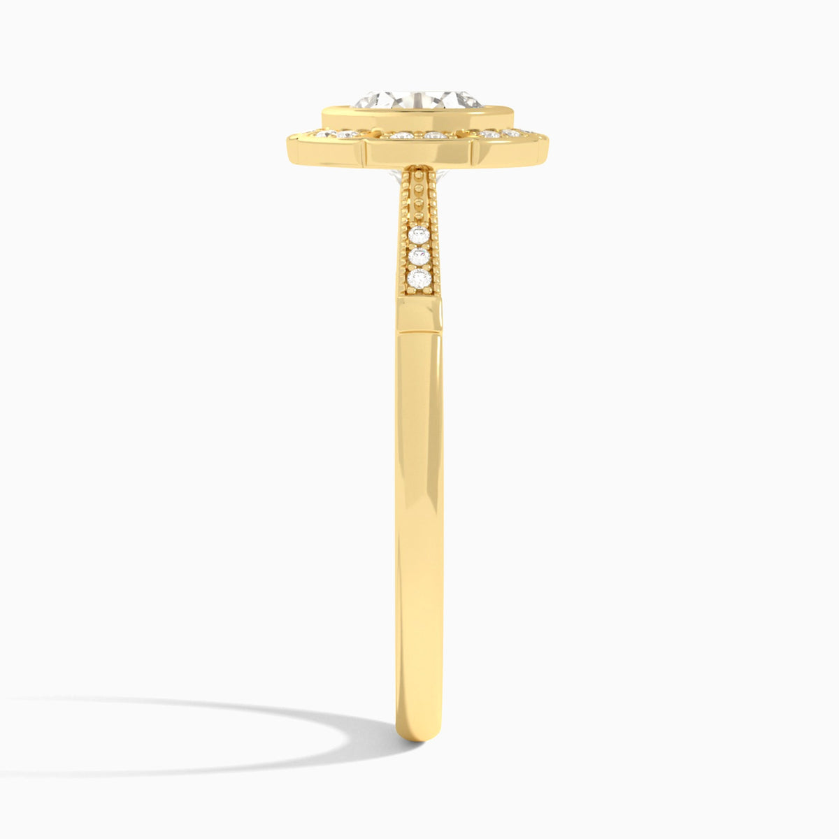 Round Mirabelle Antique Halo Lab Diamond Engagement Ring In 18K Yellow Gold, Side View