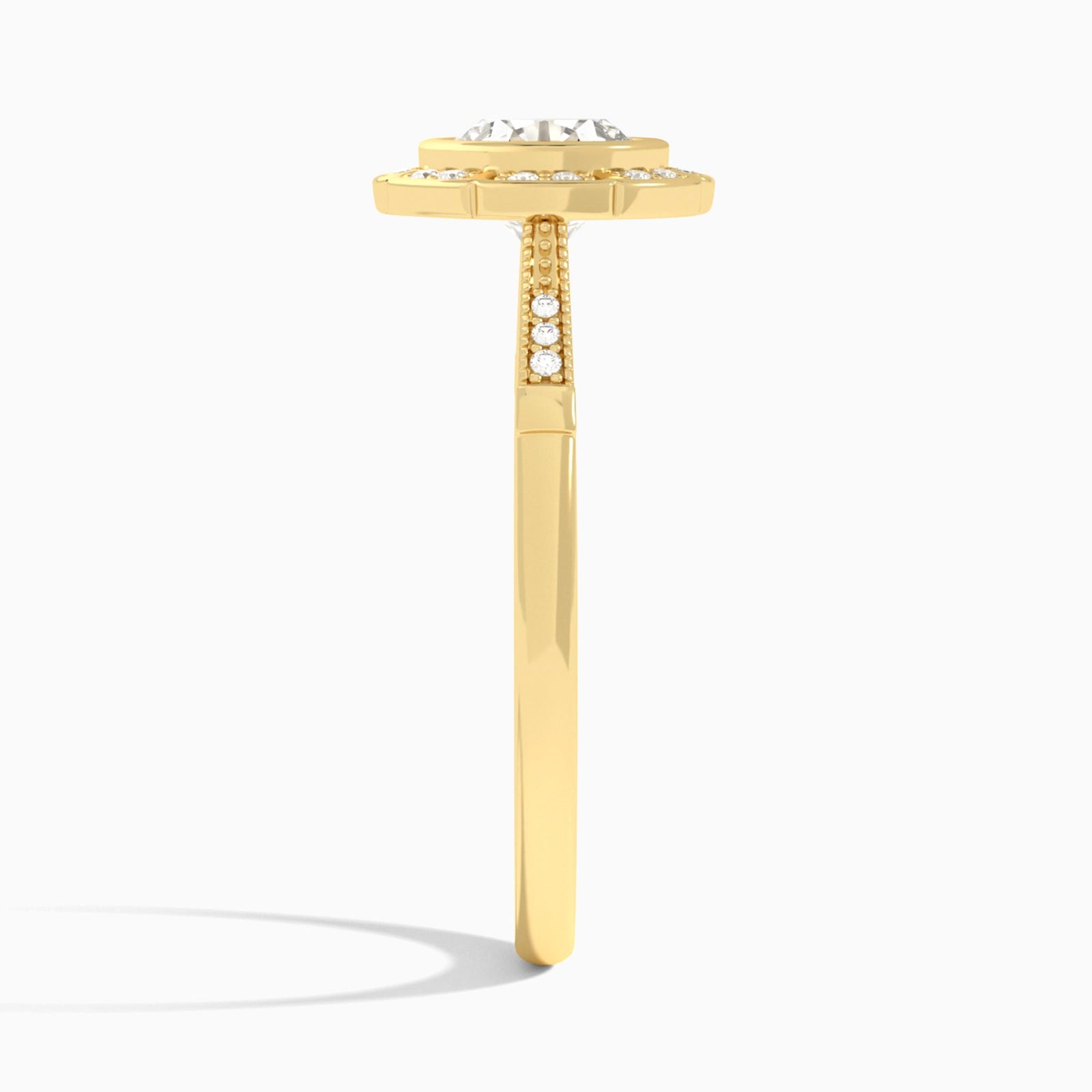 Round Mirabelle Antique Halo Lab Diamond Engagement Ring In 18K Yellow Gold, Side View