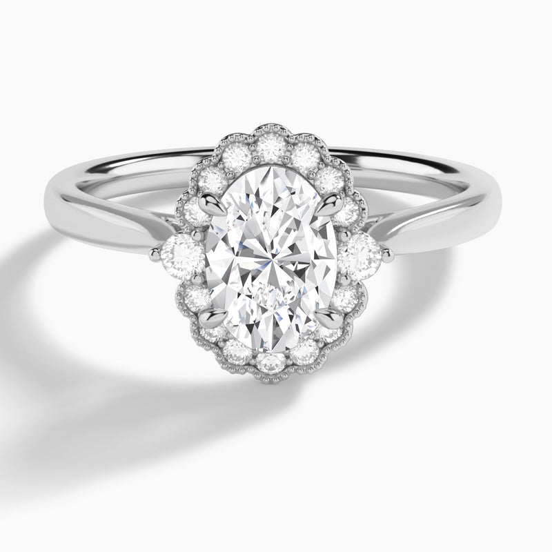 Oval Melody Halo Lab Grown Diamond Engagement Ring In 18K White Gold - Lucenjuri