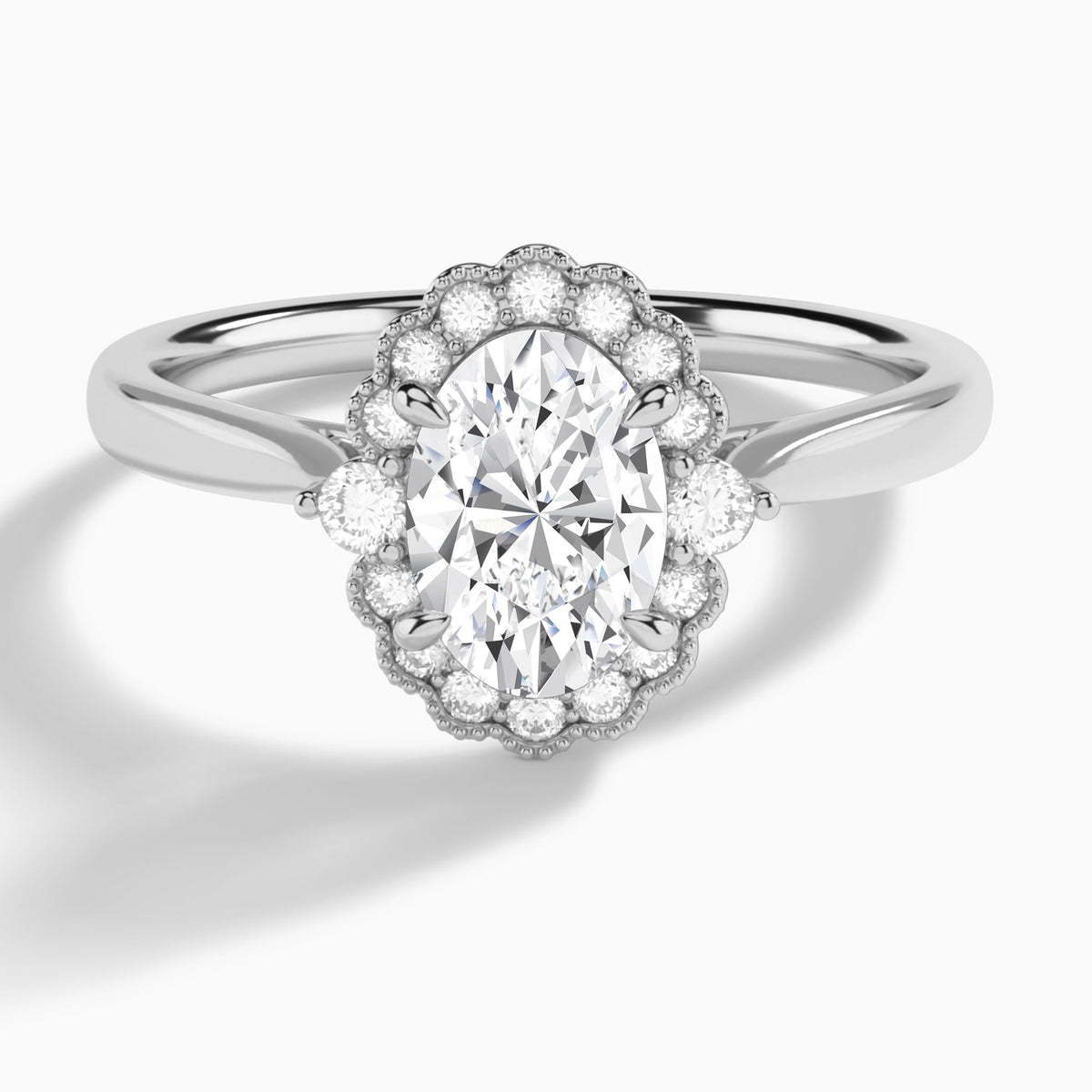 Oval Melody Halo Lab Grown Diamond Engagement Ring In 18K White Gold - Lucenjuri