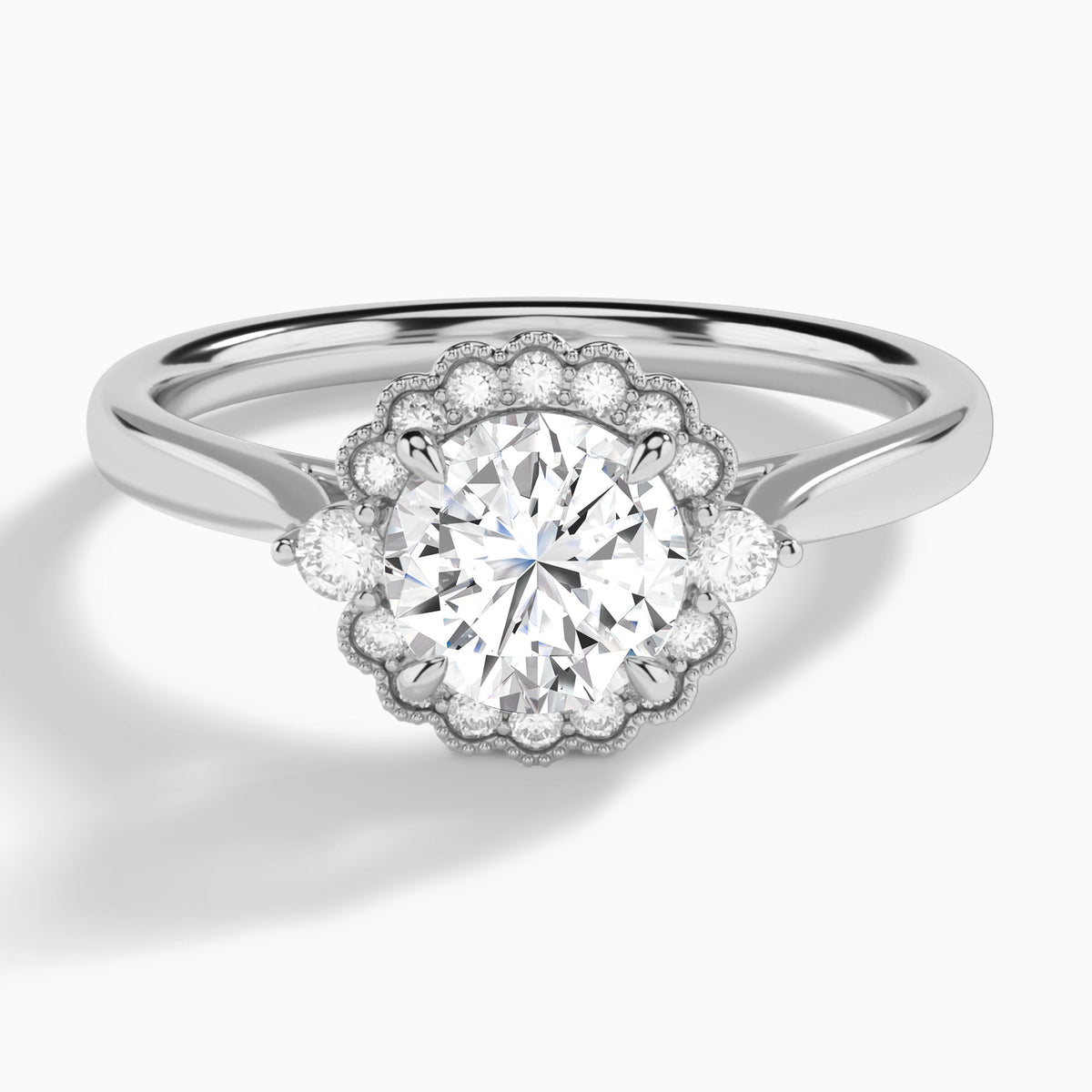 Round Melody Halo Lab Grown Diamond Engagement Ring In 18K White Gold - Lucenjuri