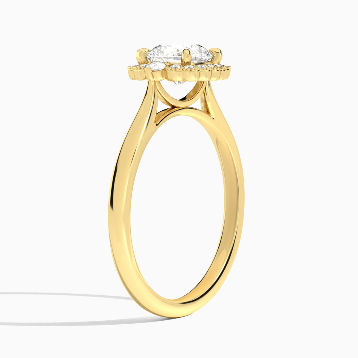 Cushion Melody Halo Lab Grown Diamond Engagement Ring In 18K Yellow Gold, Angle View