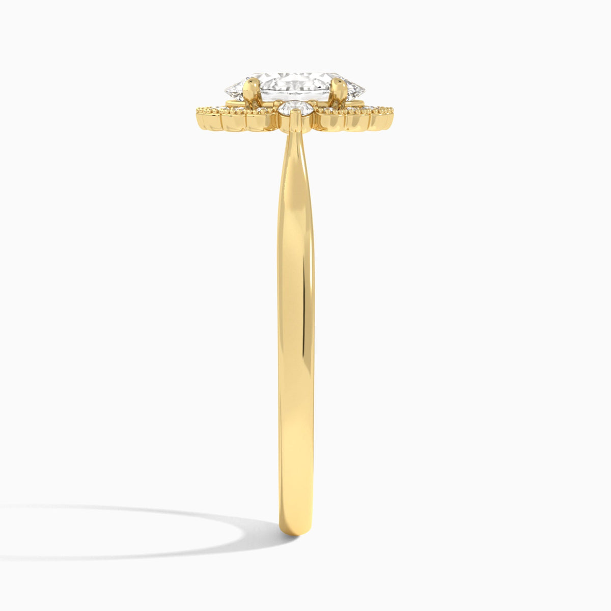 Oval Melody Halo Lab Grown Diamond Engagement Ring In 14K Yellow Gold, Side View