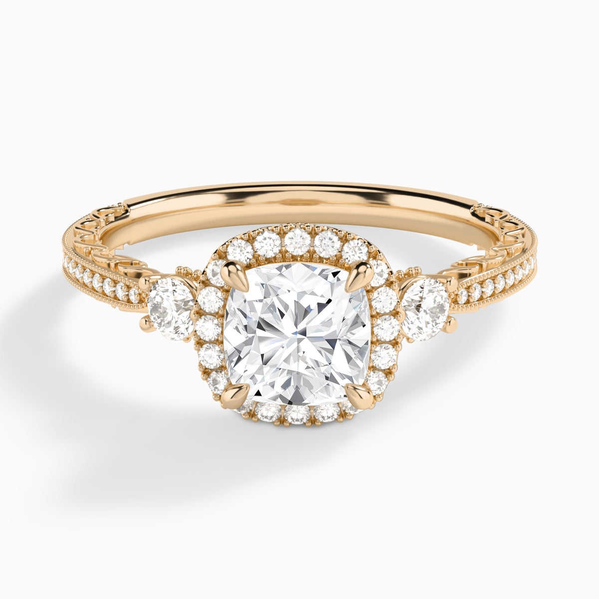 Cushion Luxe Three Stone Lab Diamond Engagement Ring In 14K Rose Gold - Lucenjuri