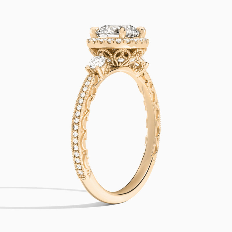 Cushion Luxe Three Stone Lab Diamond Engagement Ring In 14K Rose Gold, Angle View