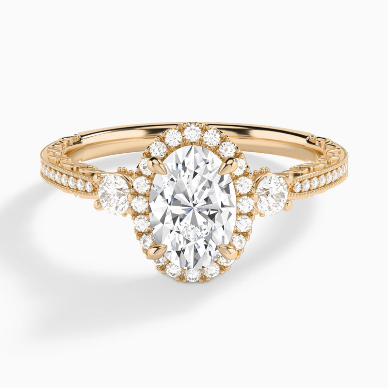 Oval Luxe Three Stone Lab Diamond Engagement Ring In 14K Rose Gold - Lucenjuri
