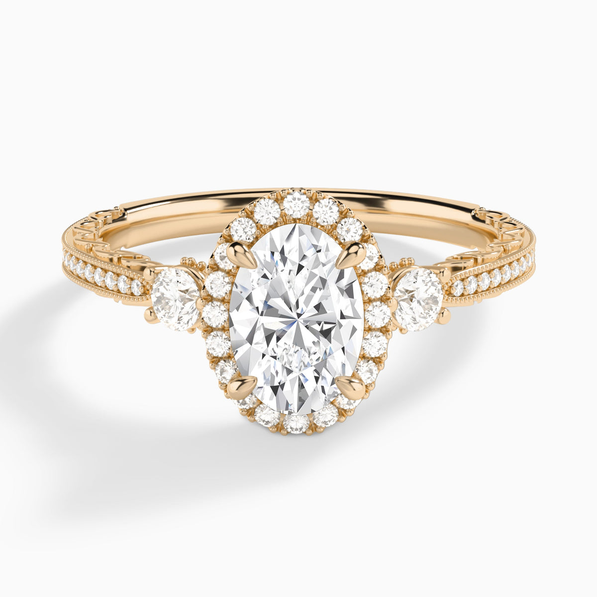 Oval Luxe Three Stone Lab Diamond Engagement Ring In 14K Rose Gold - Lucenjuri