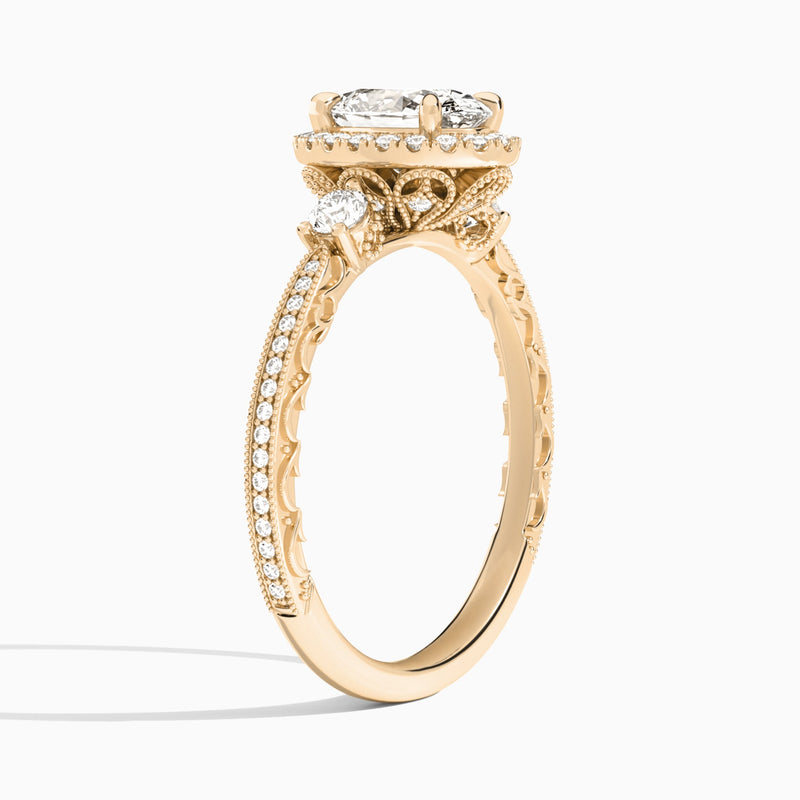Oval Luxe Three Stone Lab Diamond Engagement Ring In 14K Rose Gold, Angle View
