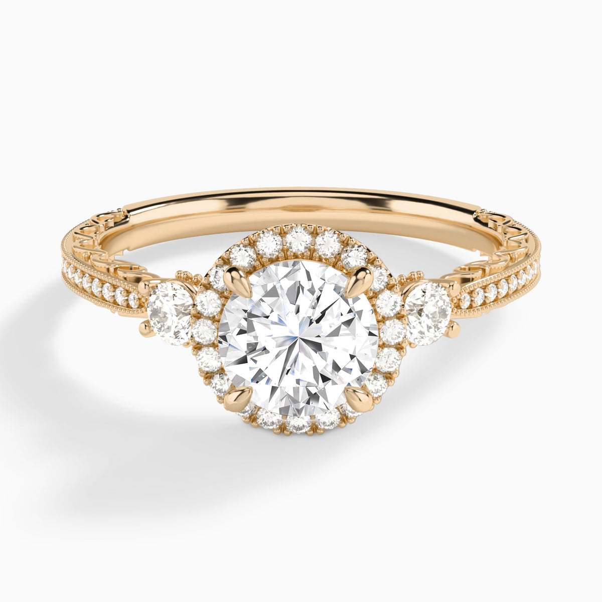 Round Luxe Three Stone Lab Diamond Engagement Ring In 14K Rose Gold - Lucenjuri