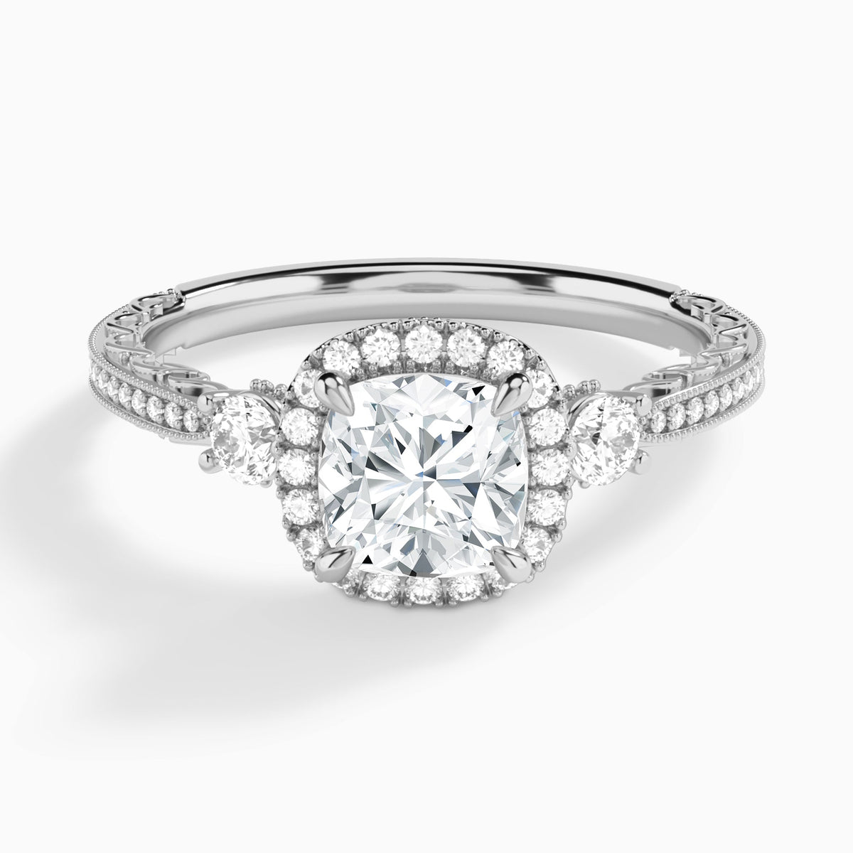 Cushion Luxe Three Stone Lab Diamond Engagement Ring In 18K White Gold - Lucenjuri