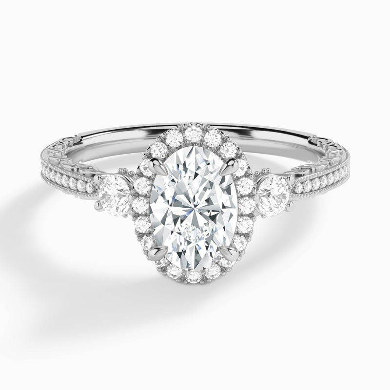 Oval Luxe Three Stone Lab Diamond Engagement Ring In 18K White Gold - Lucenjuri