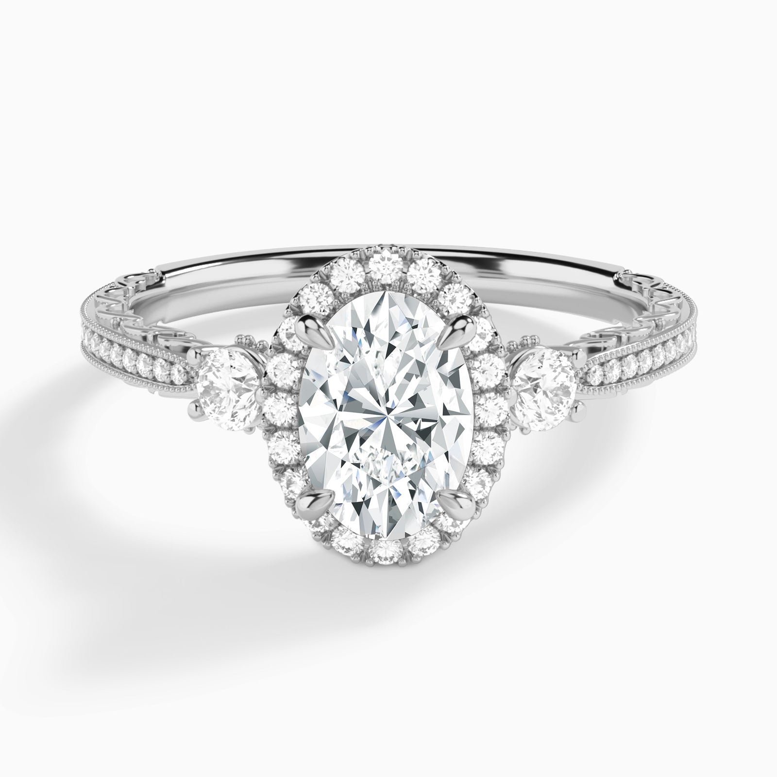 Oval Luxe Three Stone Lab Diamond Engagement Ring In 18K White Gold - Lucenjuri