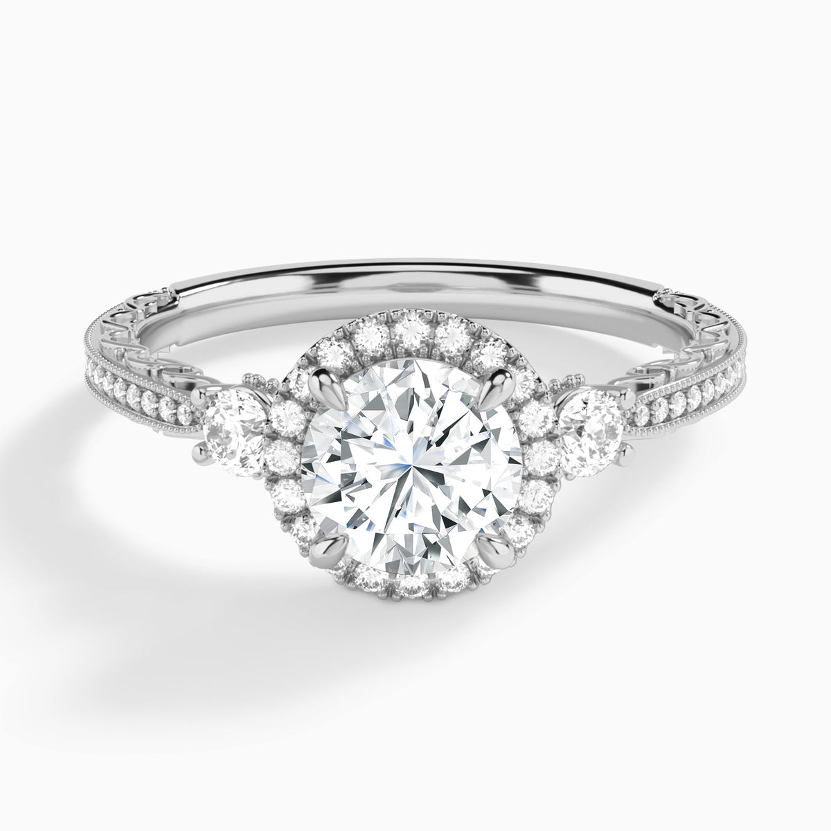 Round Luxe Three Stone Lab Diamond Engagement Ring In 18K White Gold - Lucenjuri