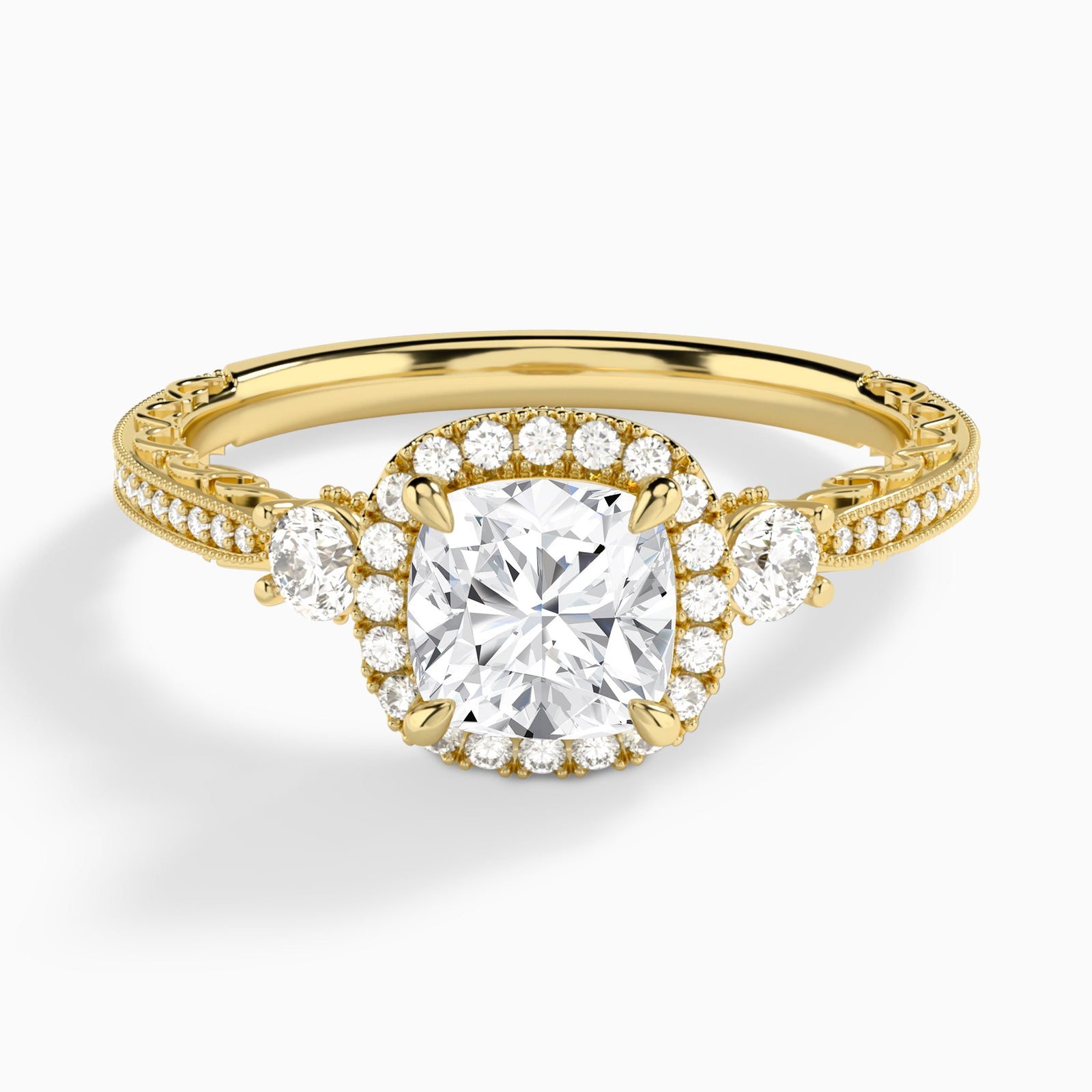 Cushion Luxe Three Stone Lab Diamond Engagement Ring In 18K Yellow Gold - Lucenjuri