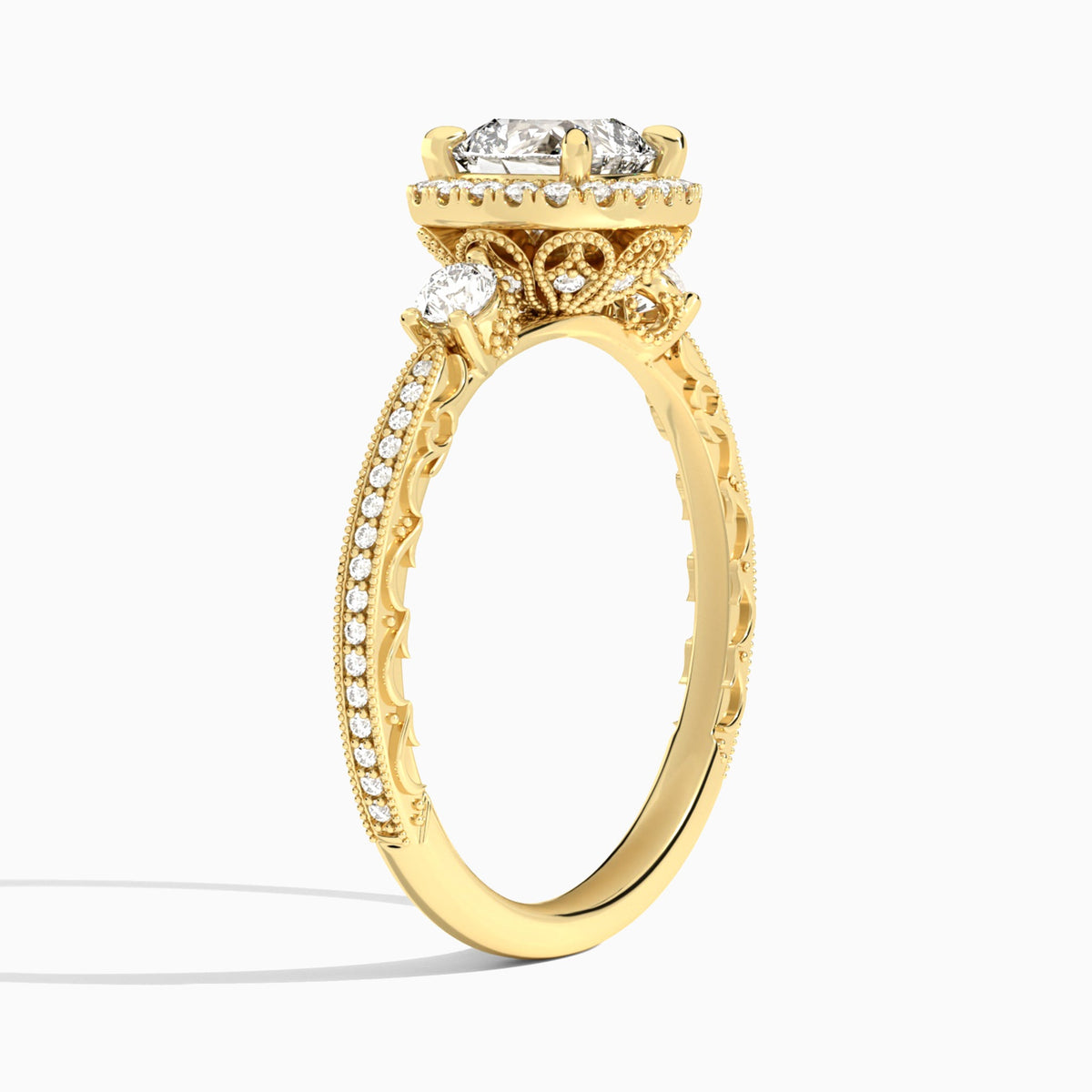 Cushion Luxe Three Stone Lab Diamond Engagement Ring In 18K Yellow Gold, Angle View