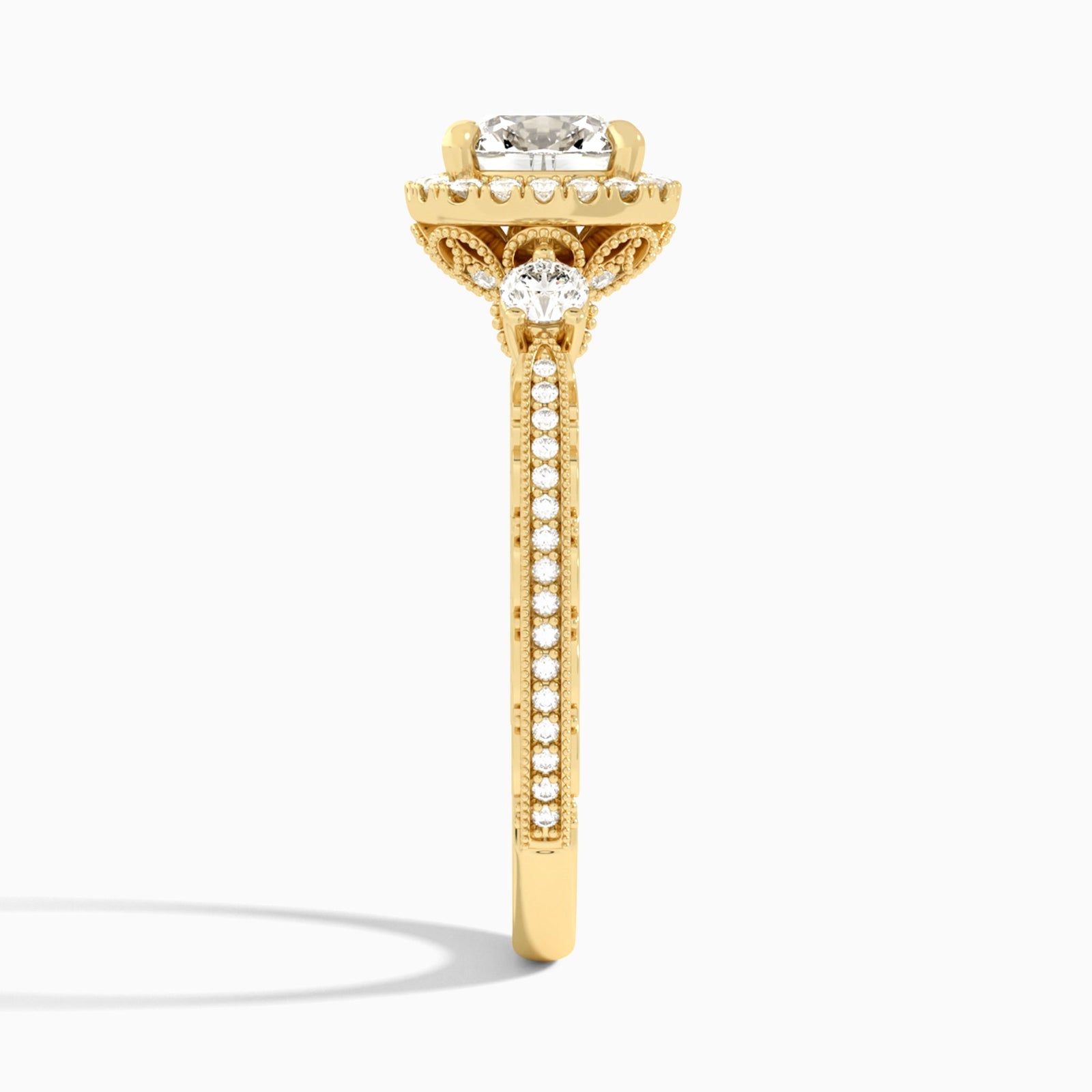 Cushion Luxe Three Stone Lab Diamond Engagement Ring In 18K Yellow Gold, Side View