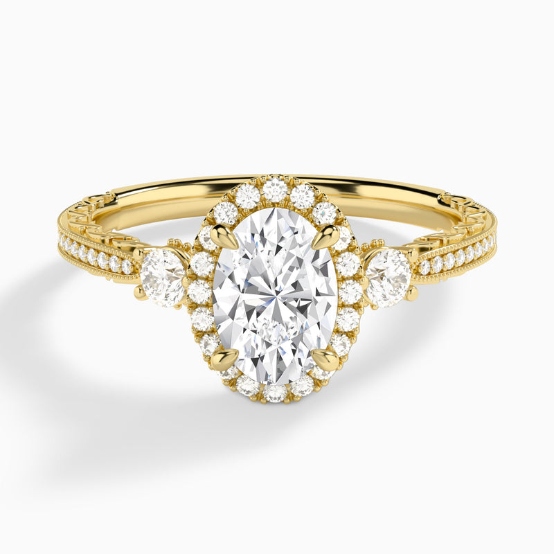 Oval Luxe Three Stone Lab Diamond Engagement Ring In 18K Yellow Gold - Lucenjuri