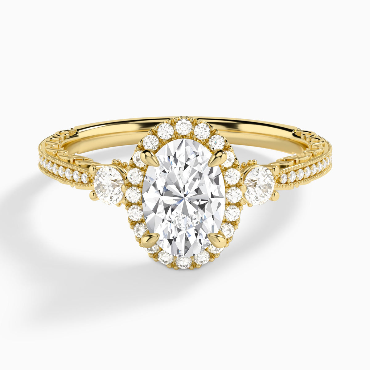 Oval Luxe Three Stone Lab Diamond Engagement Ring In 18K Yellow Gold - Lucenjuri