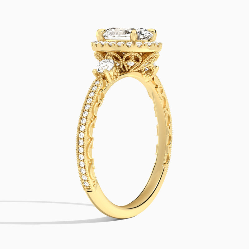 Oval Luxe Three Stone Lab Diamond Engagement Ring In 14K Yellow Gold, Angle View