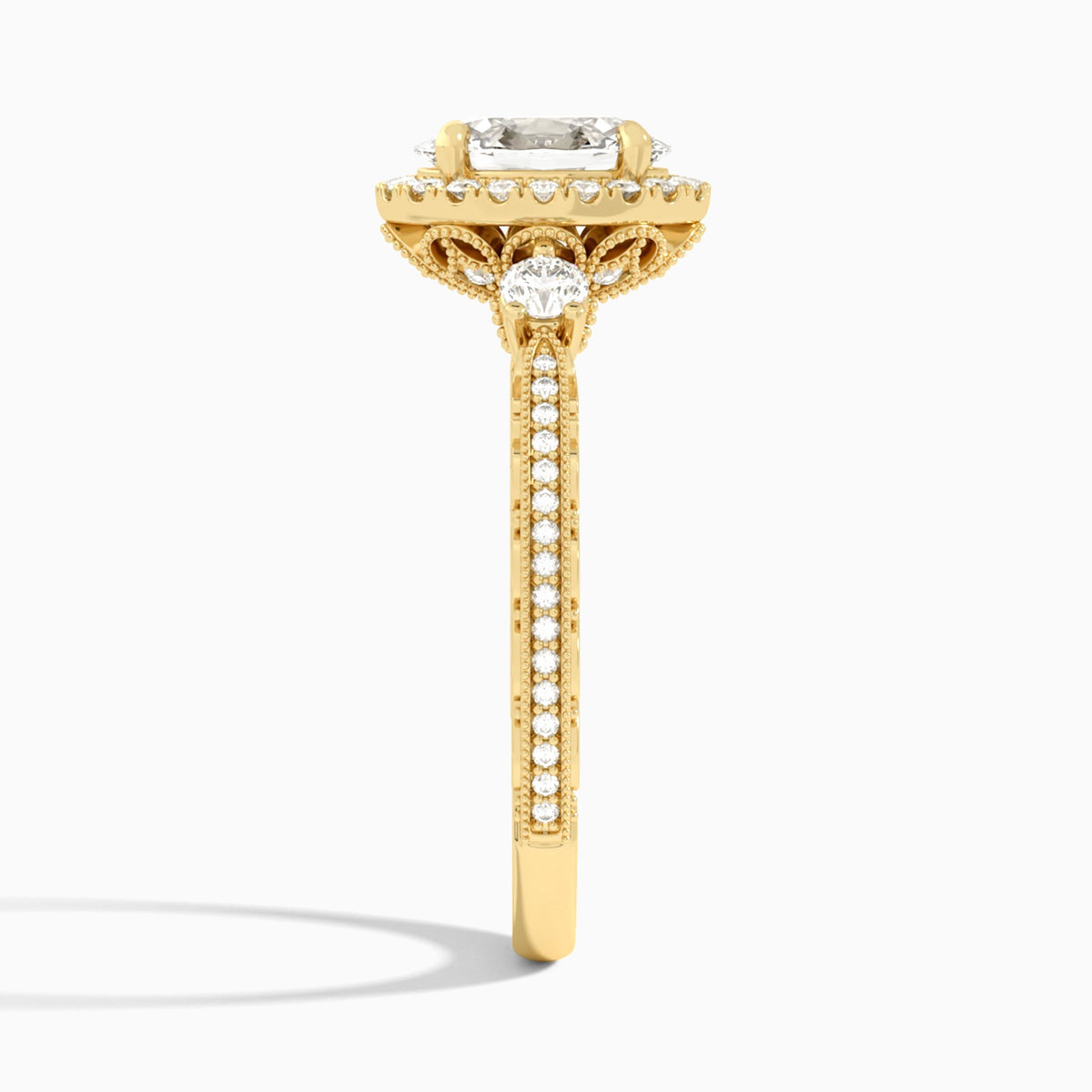 Oval Luxe Three Stone Lab Diamond Engagement Ring In 18K Yellow Gold, Side View