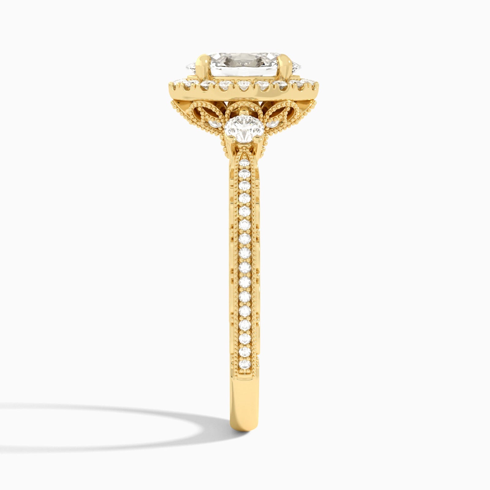 Oval Luxe Three Stone Lab Diamond Engagement Ring In 14K Yellow Gold, Side View