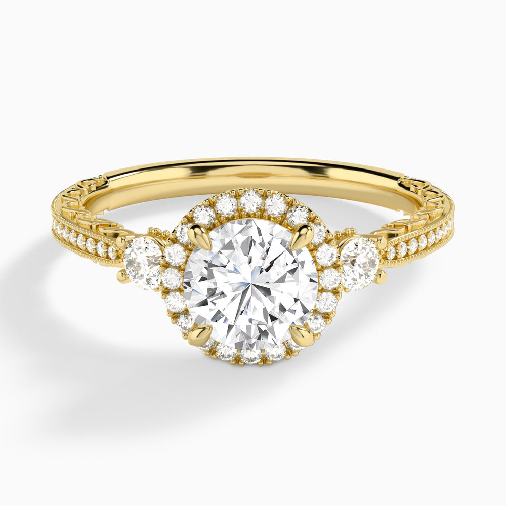 Round Luxe Three Stone Lab Diamond Engagement Ring In 14K Yellow Gold - Lucenjuri