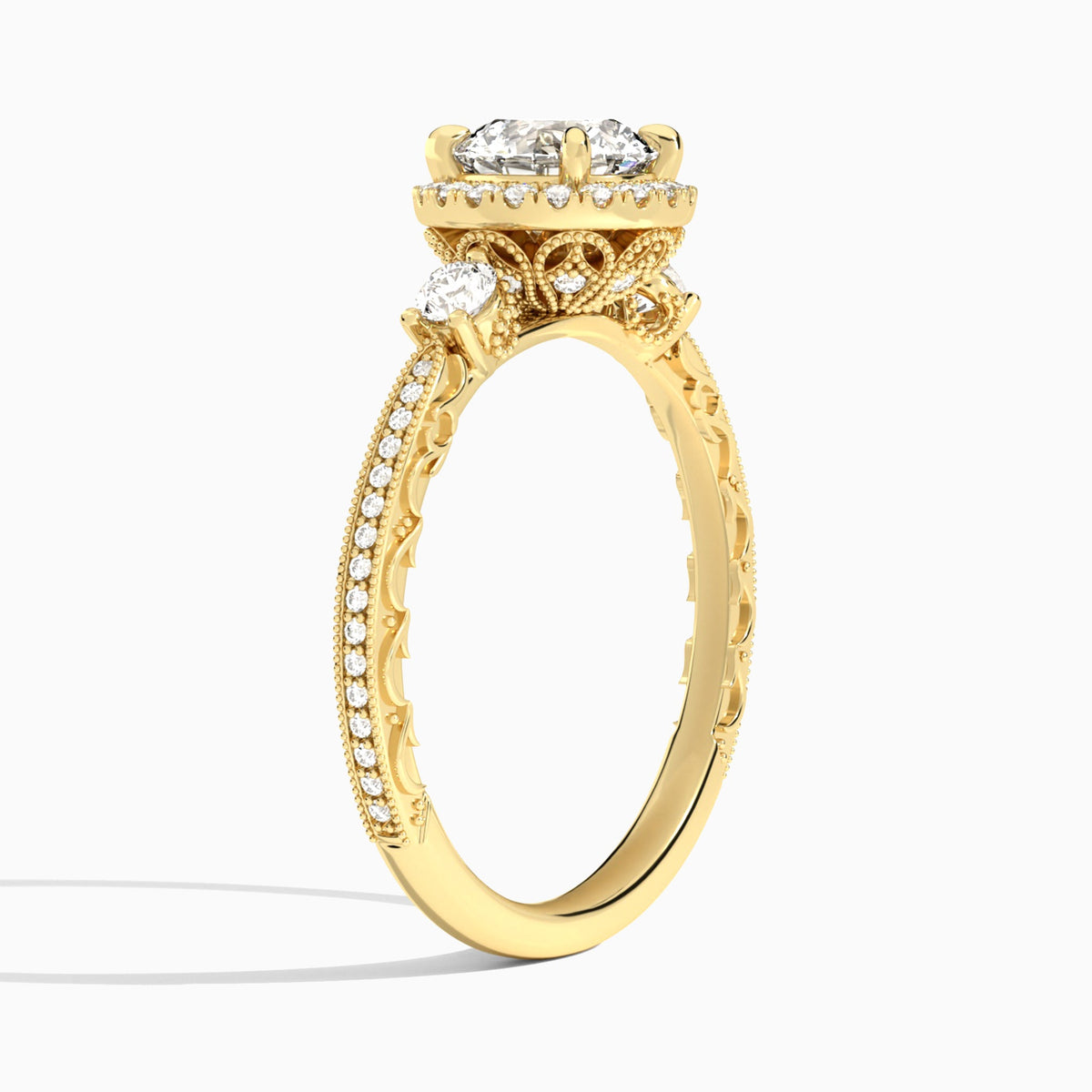 Round Luxe Three Stone Lab Diamond Engagement Ring In 18K Yellow Gold, Angle View