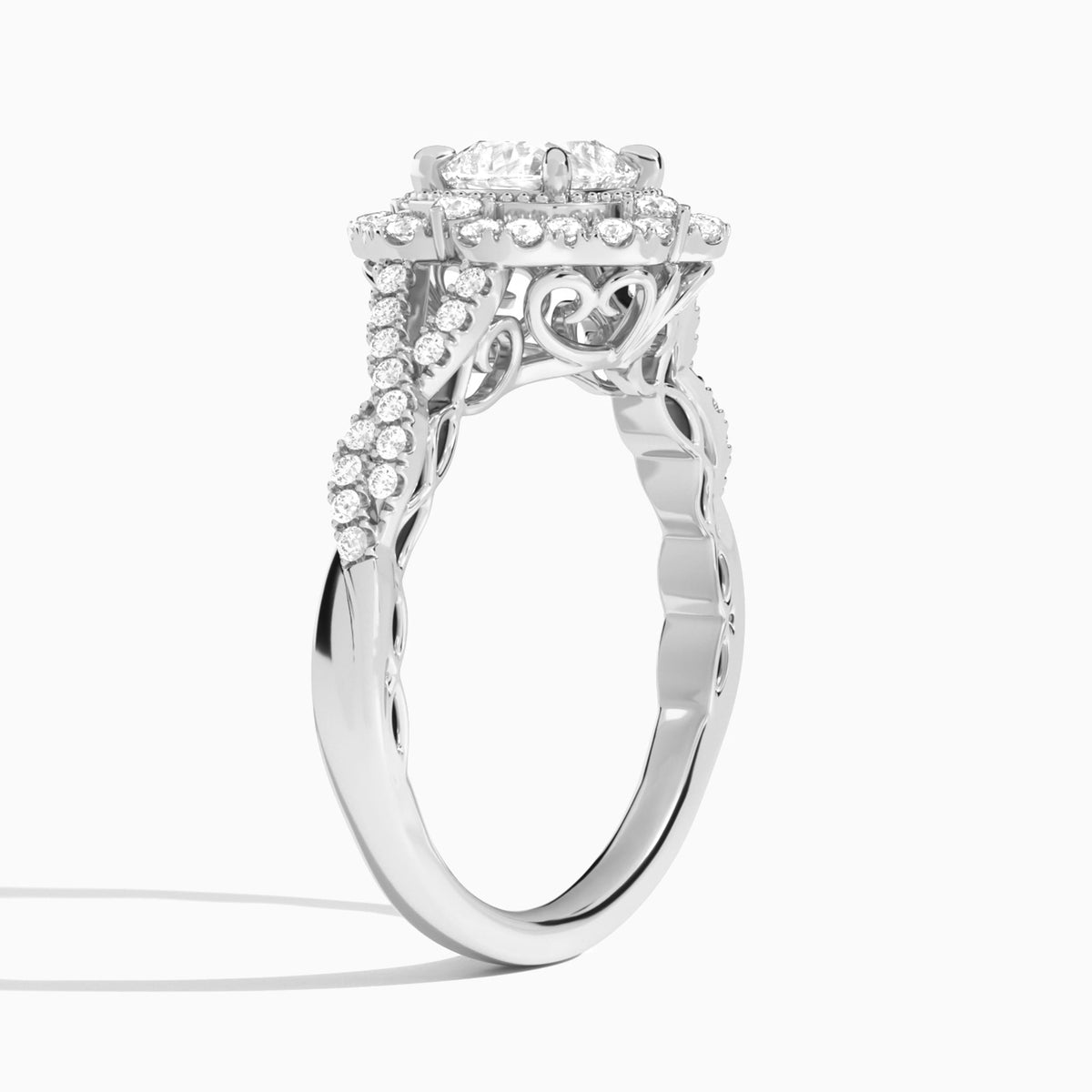 Cushion Vintage Halo Lab Diamond Engagement Ring In 14K White Gold, Angle View