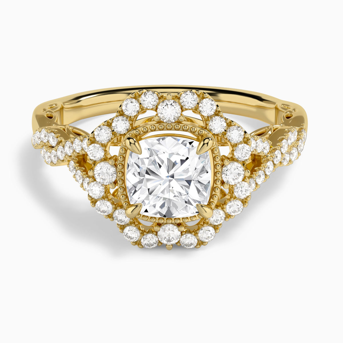 Cushion Vintage Halo Lab Diamond Engagement Ring In 14K Yellow Gold - Lucenjuri