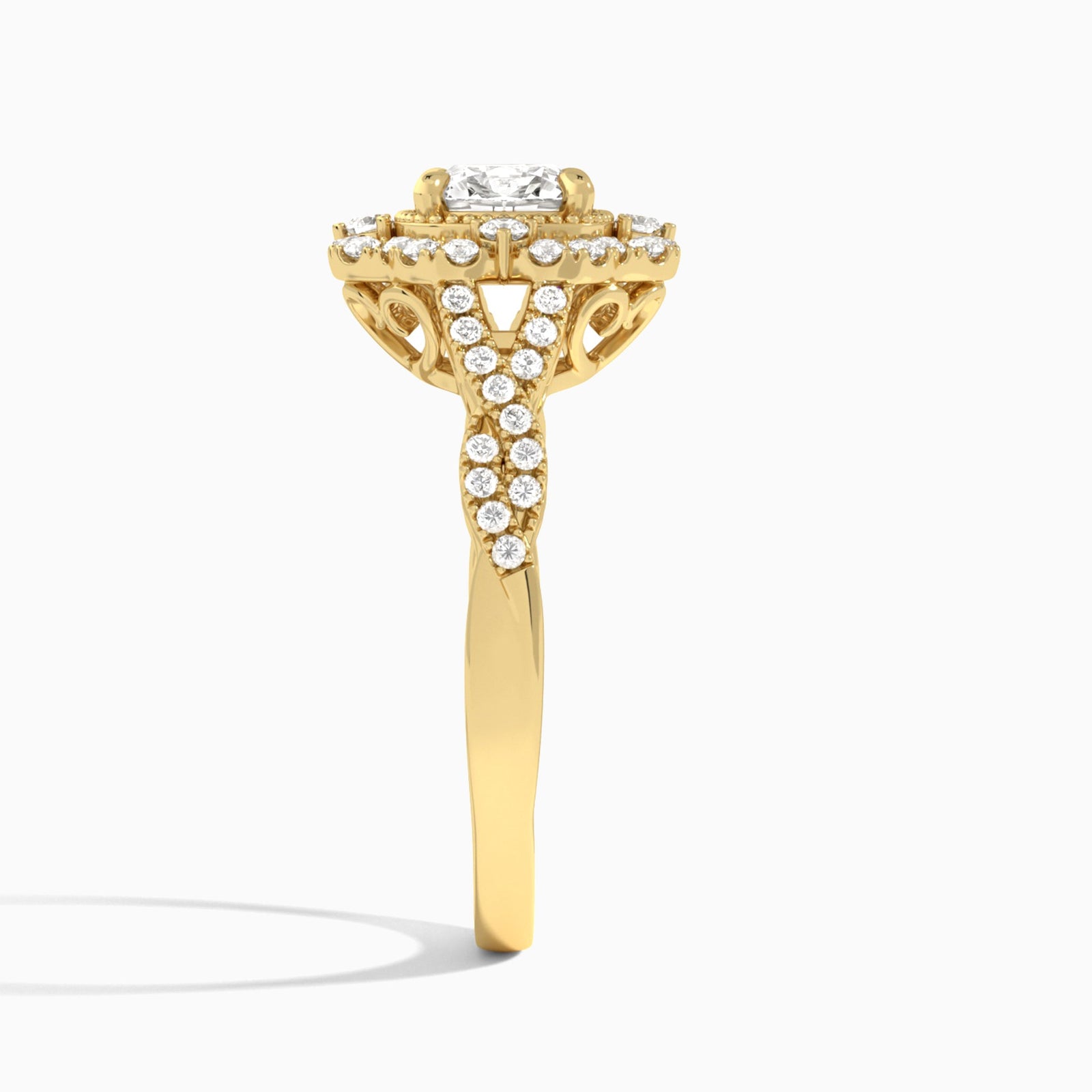 Cushion Vintage Halo Lab Diamond Engagement Ring In 14K Yellow Gold, Side View