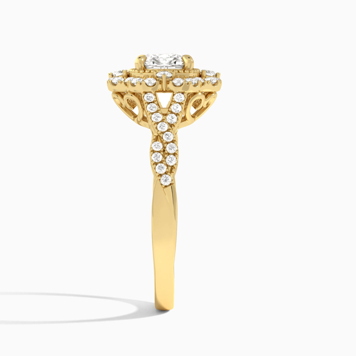 Cushion Vintage Halo Lab Diamond Engagement Ring In 18K Yellow Gold, Side View