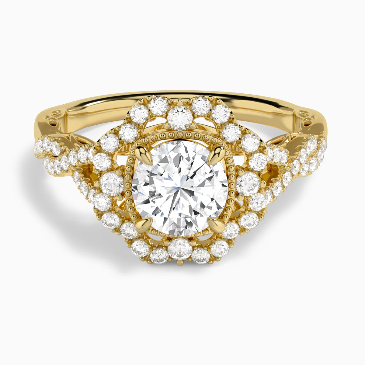 Round Vintage Halo Lab Diamond Engagement Ring In 18K Yellow Gold - Lucenjuri