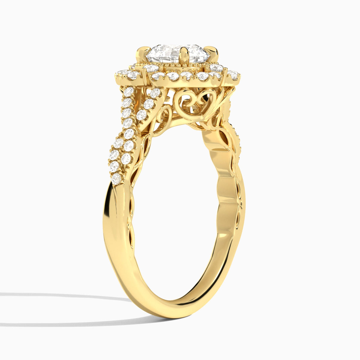 Round Vintage Halo Lab Diamond Engagement Ring In 14K Yellow Gold, Angle View