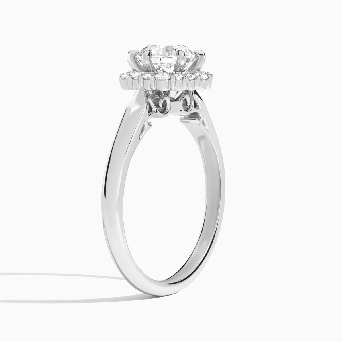 Round Hexagon Halo Lab Grown Diamond Engagement Ring In 18K White Gold, Angle View