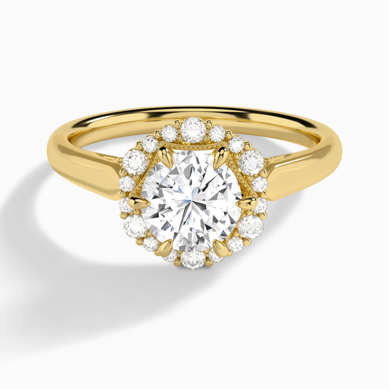 Round Hexagon Halo Lab Grown Diamond Engagement Ring In 14K Yellow Gold - Lucenjuri