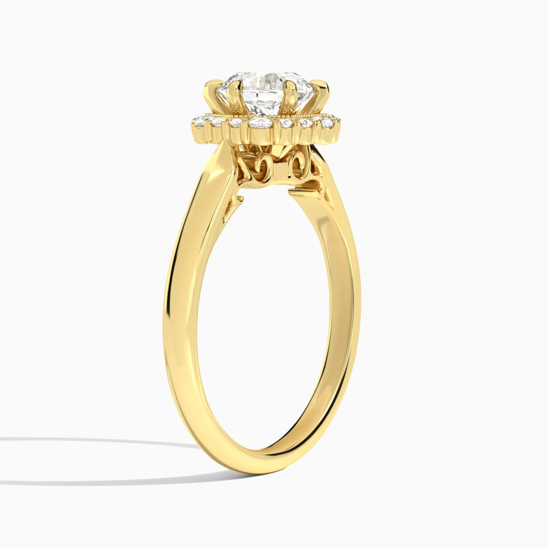Round Hexagon Halo Lab Grown Diamond Engagement Ring In 14K Yellow Gold, Angle View