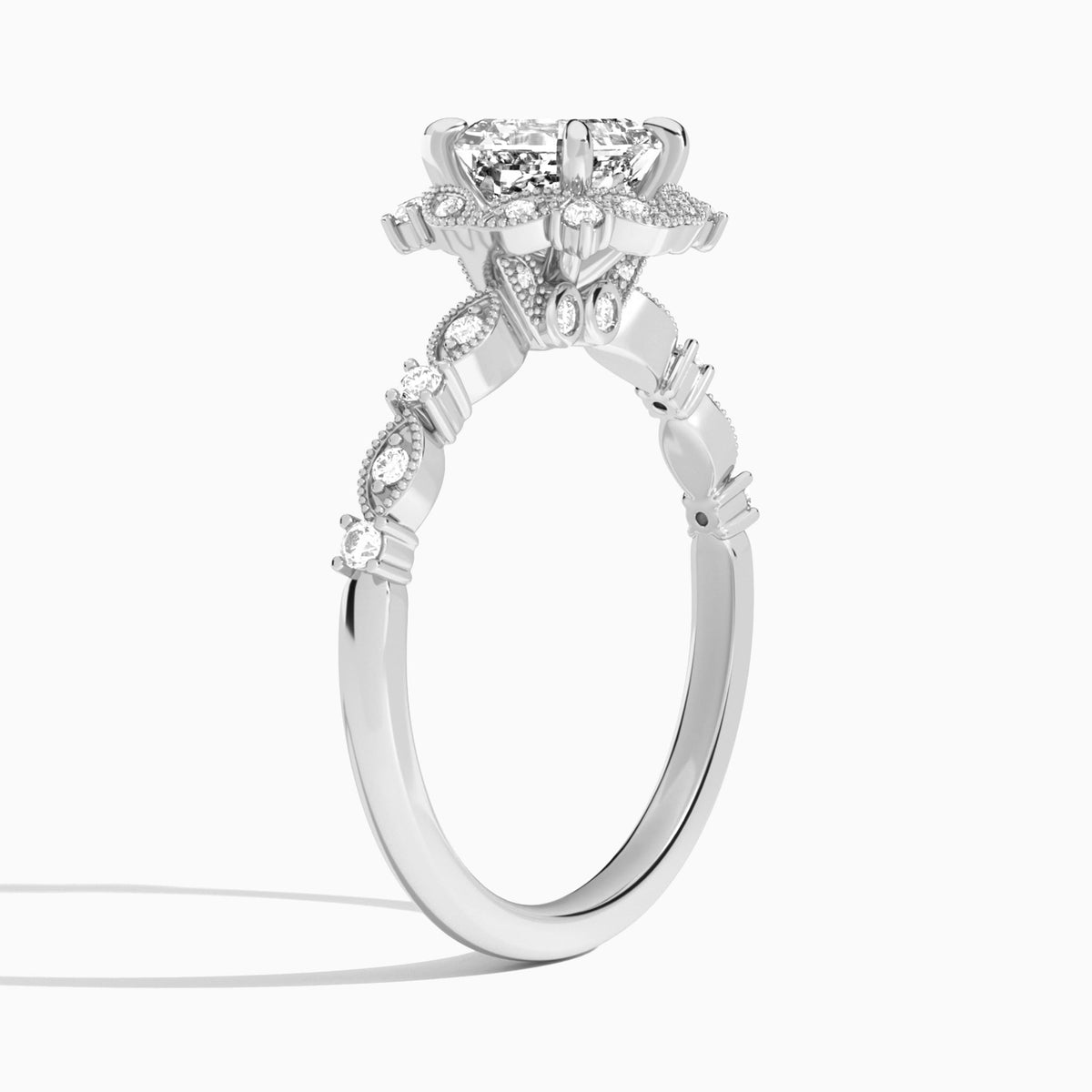 Asscher Luxe Georgiana Halo Engagement Diamond Ring In Platinum, Angle View