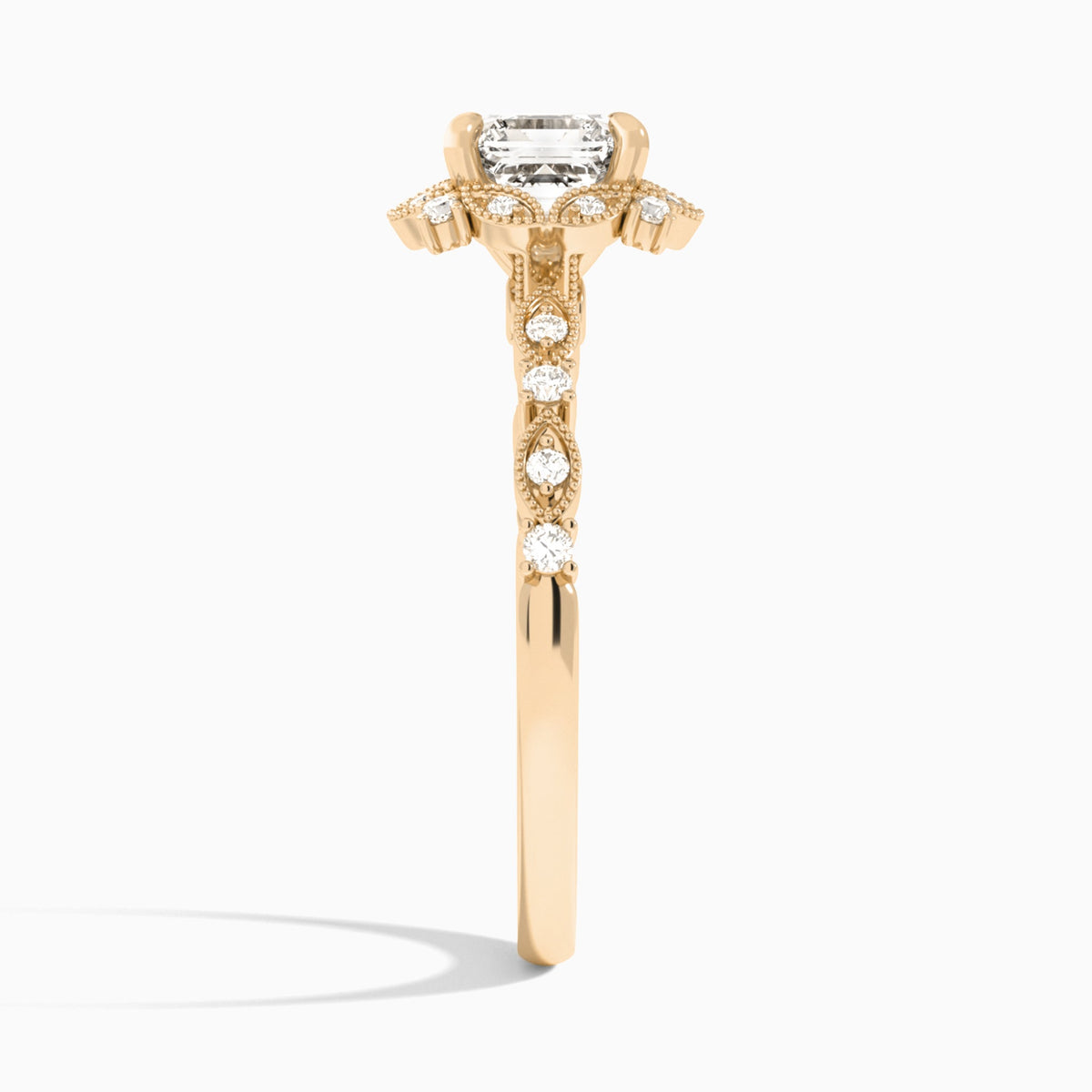 Asscher Luxe Georgiana Halo Engagement Diamond Ring In 14K Rose Gold, Side View