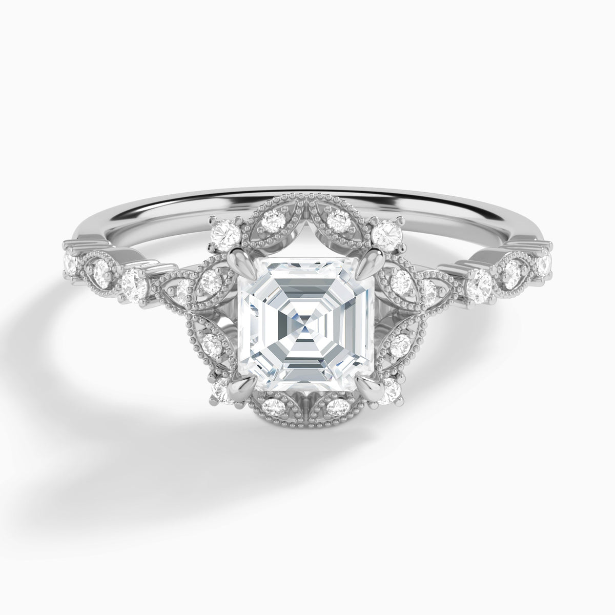 Asscher Luxe Georgiana Halo Engagement Diamond Ring In 18K White Gold - Lucenjuri