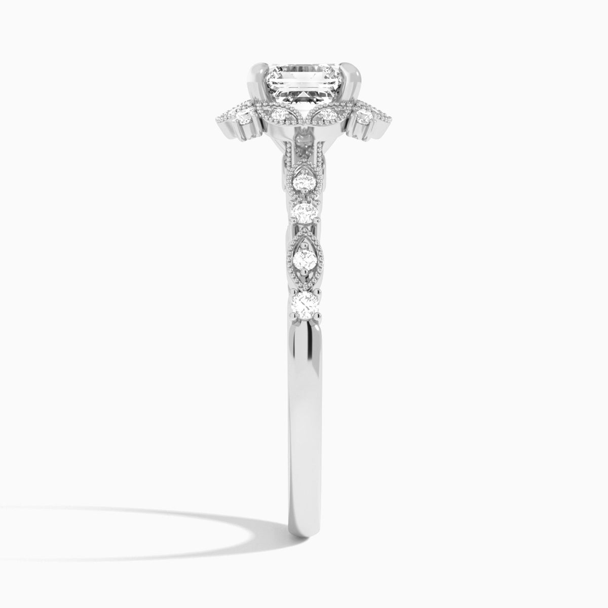 Asscher Luxe Georgiana Halo Engagement Diamond Ring In 14K White Gold, Side View