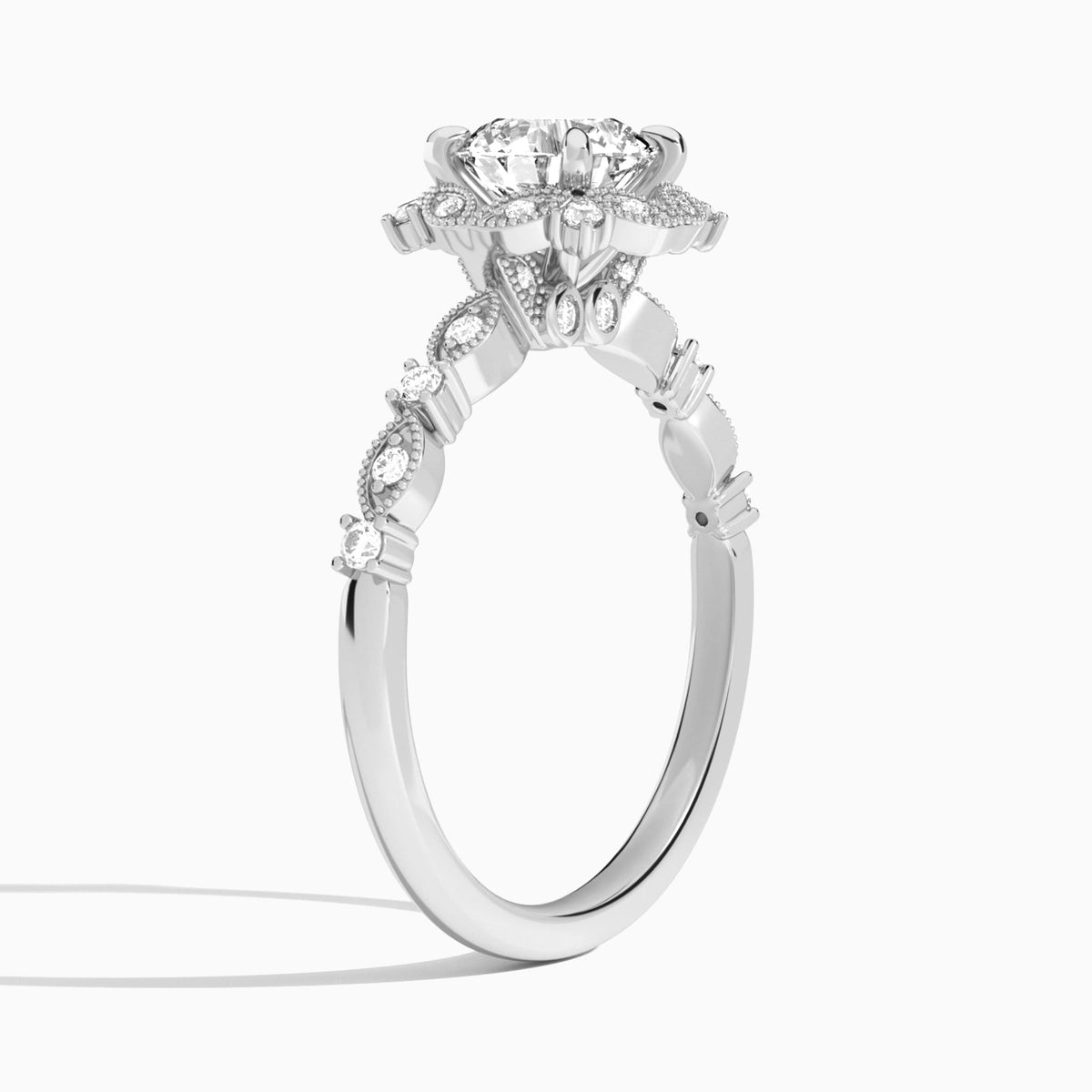 Round Luxe Georgiana Halo Engagement Diamond Ring In 18K White Gold, Angle View