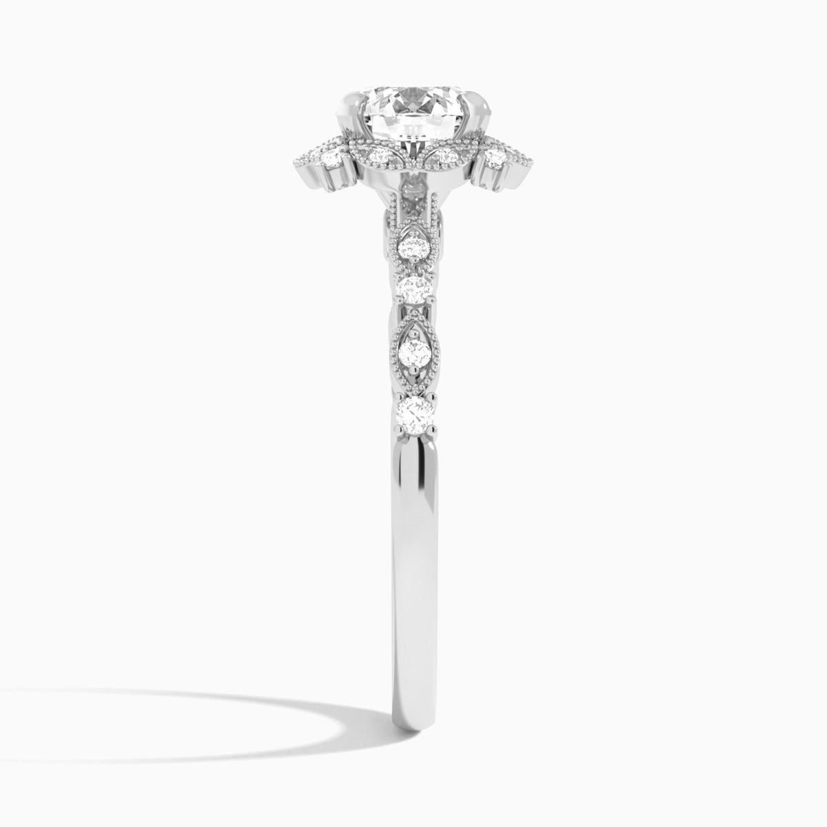 Round Luxe Georgiana Halo Engagement Diamond Ring In 14K White Gold, Side View