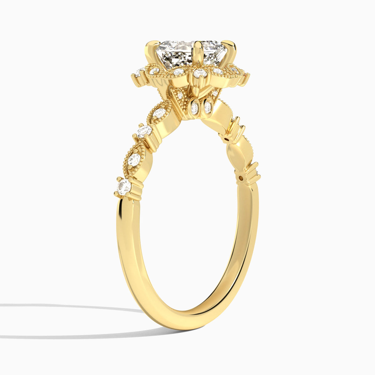 Asscher Luxe Georgiana Halo Engagement Diamond Ring In 18K Yellow Gold, Angle View