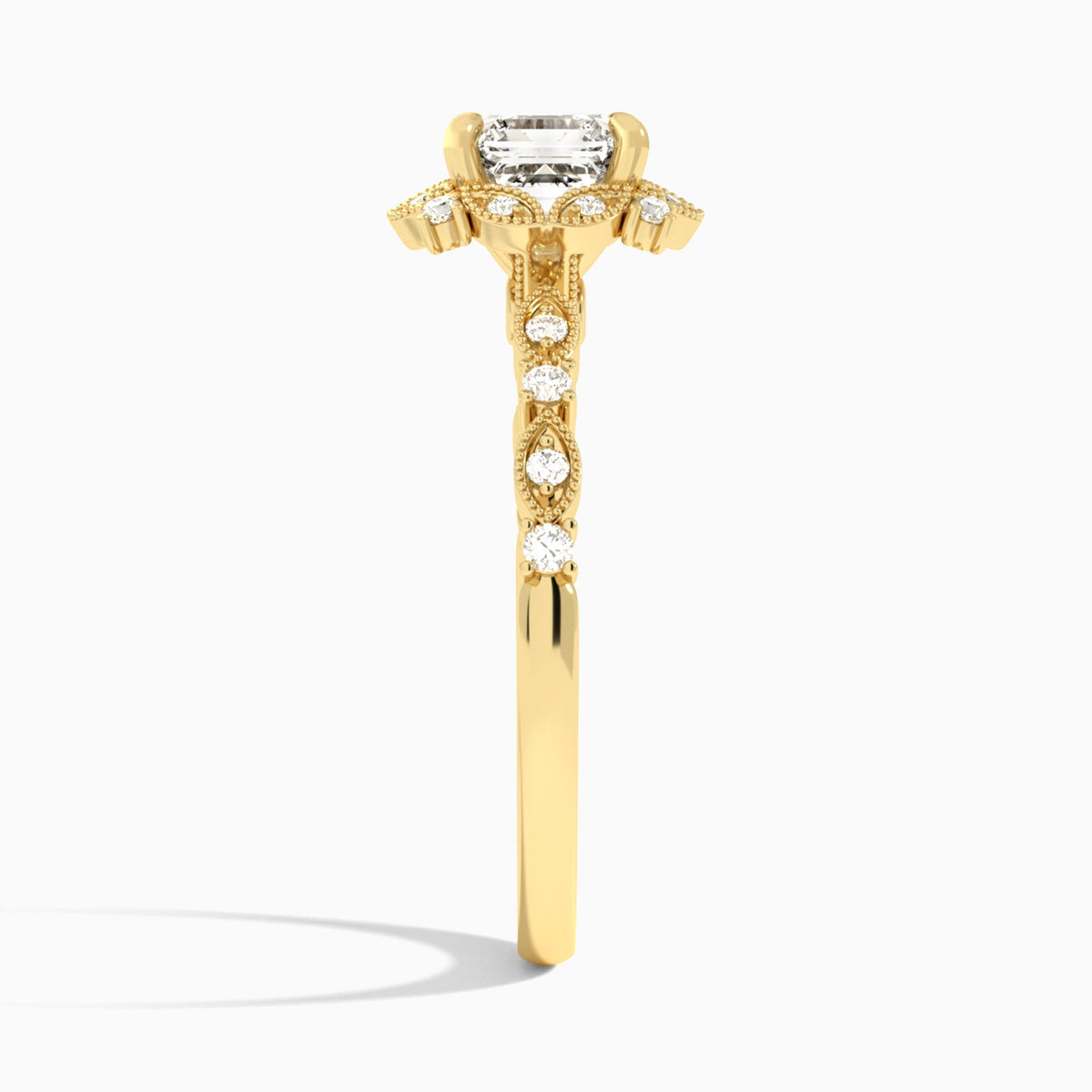 Asscher Luxe Georgiana Halo Engagement Diamond Ring In 18K Yellow Gold, Side View
