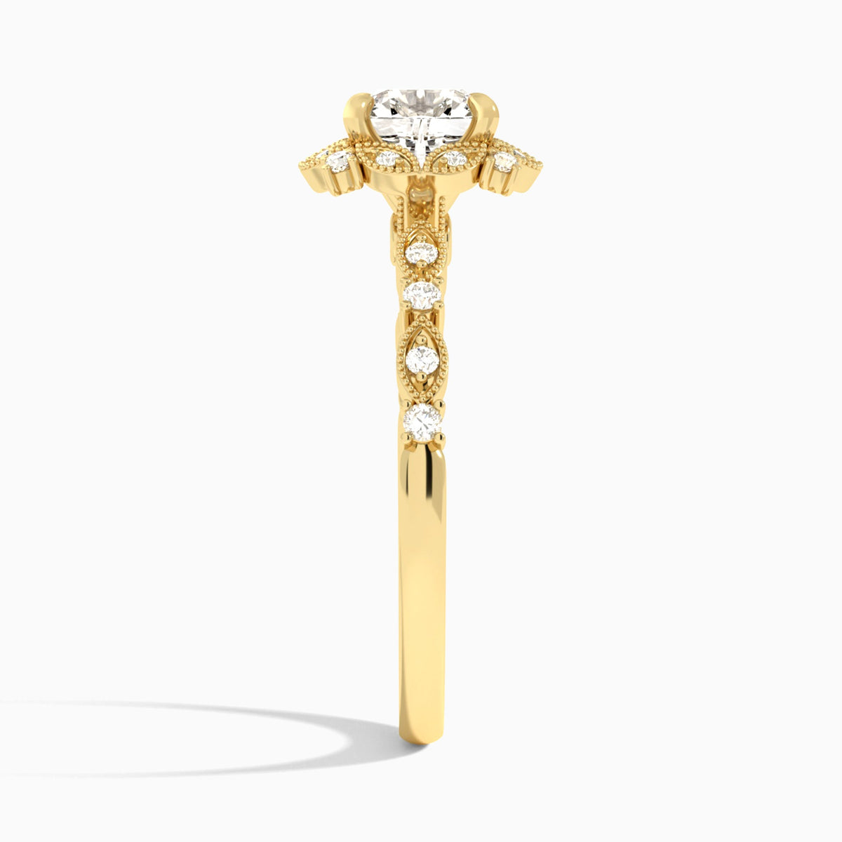 Cushion Luxe Georgiana Halo Engagement Diamond Ring In 18K Yellow Gold, Side View