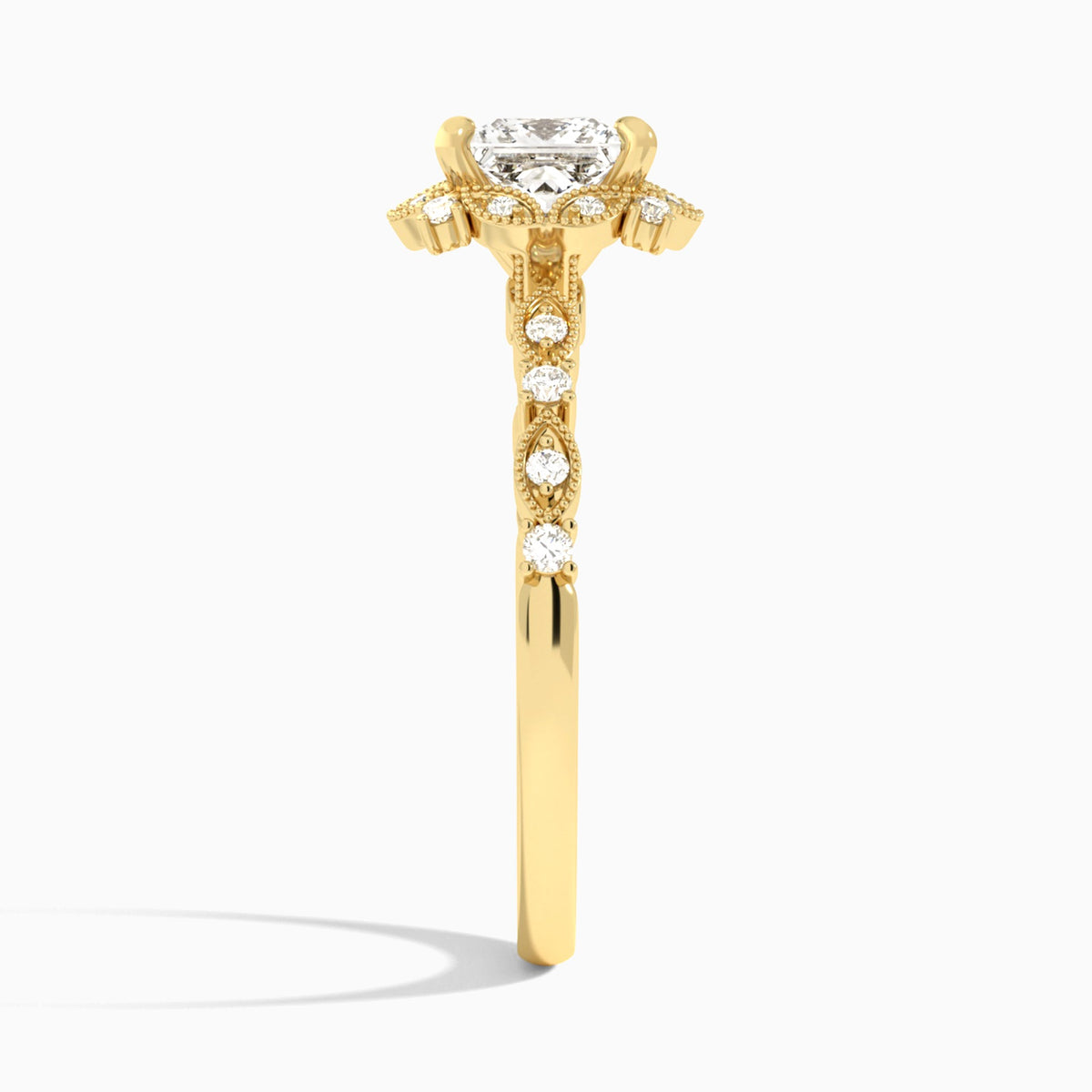 Princess Luxe Georgiana Halo Engagement Diamond Ring In 18K Yellow Gold, Side View