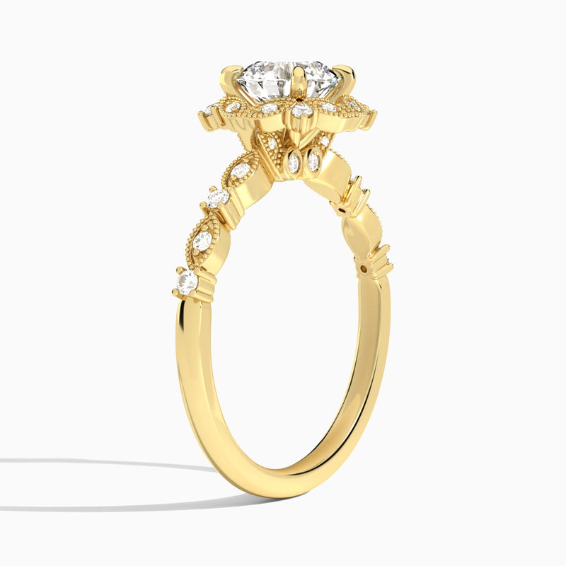 Round Luxe Georgiana Halo Engagement Diamond Ring In 14K Yellow Gold, Angle View