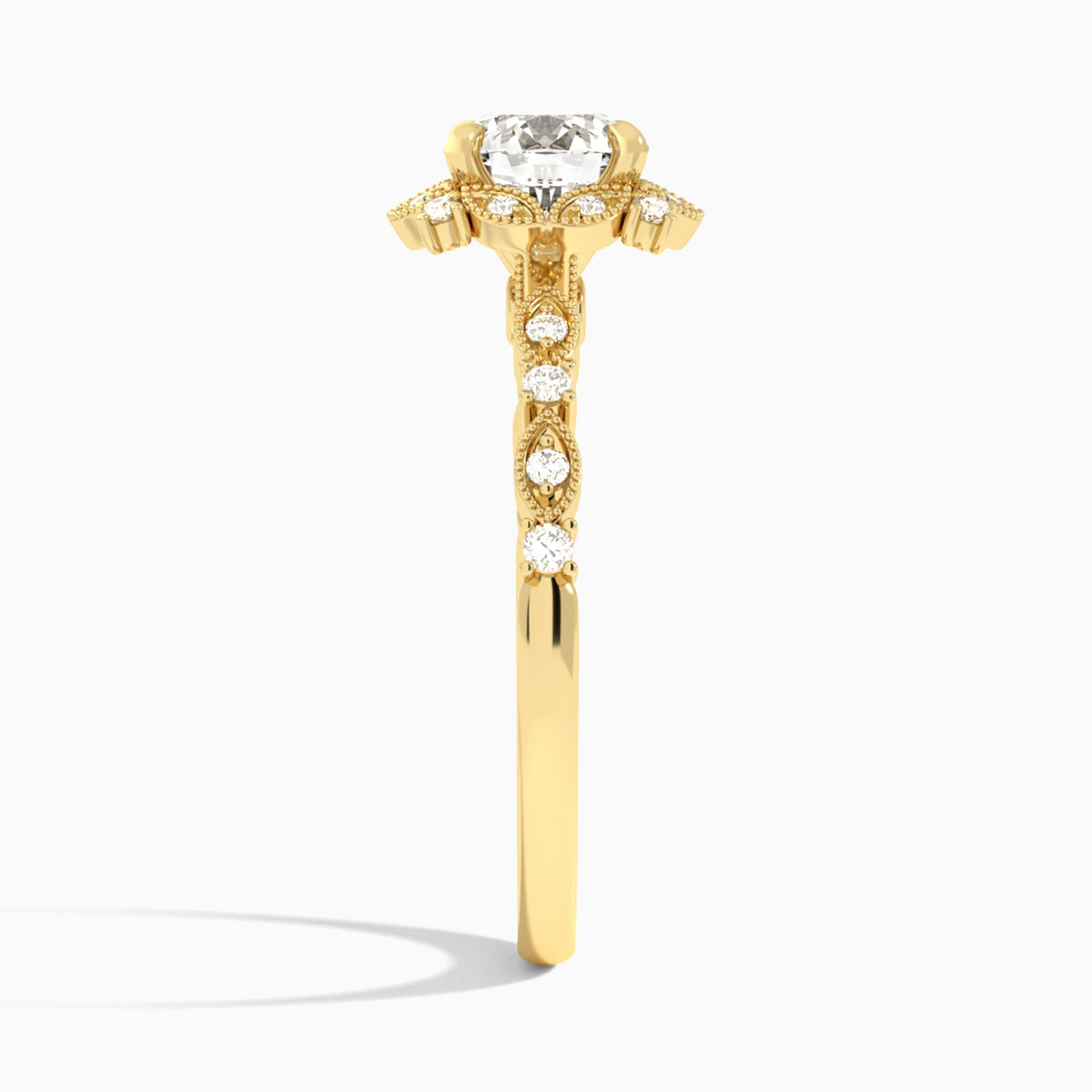 Round Luxe Georgiana Halo Engagement Diamond Ring In 14K Yellow Gold, Side View