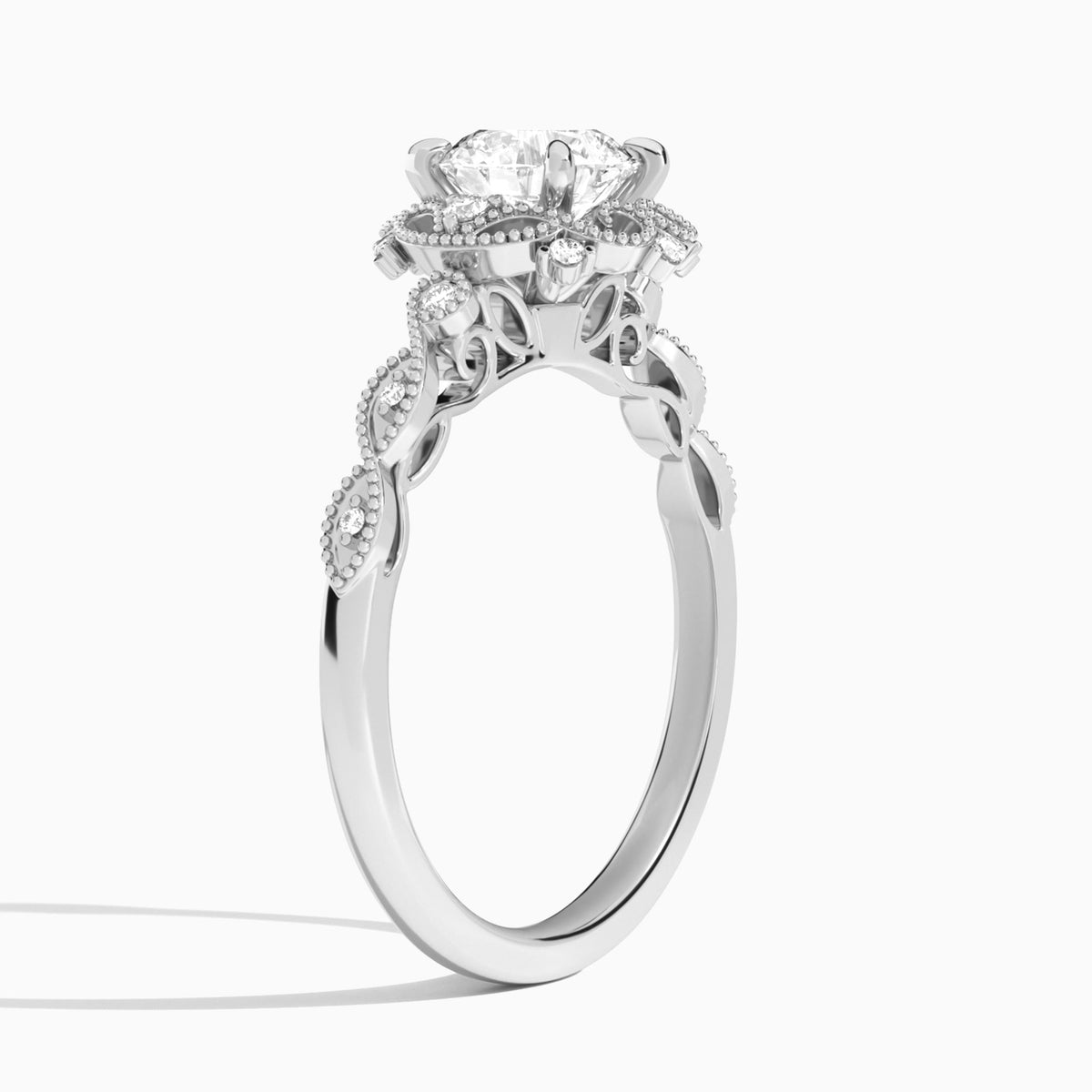 Round Floral Vintage Lab Grown Diamond Engagement Ring In Platinum, Angle View
